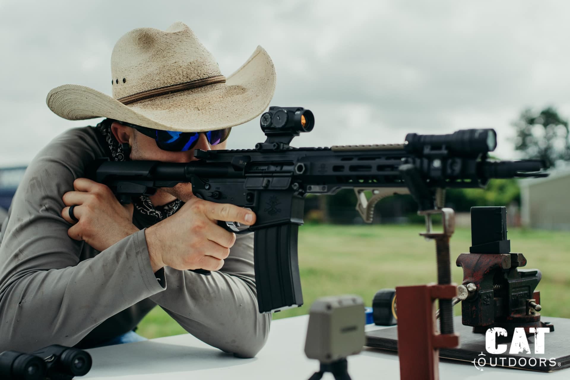 Cowboy Jim behind the suppressed PSA Sabre 300 Blackout at his private 50-yard range