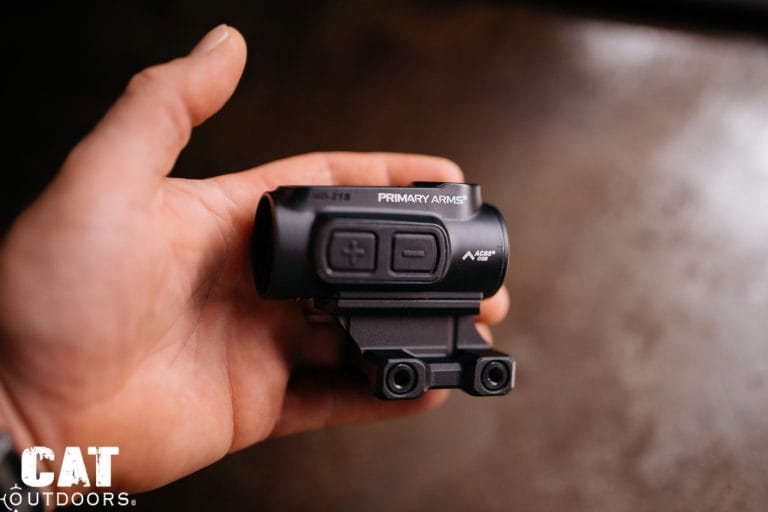 Primary Arms GLx MD-21 review unit: the MD-21S micro dot held in the palm of a hand
