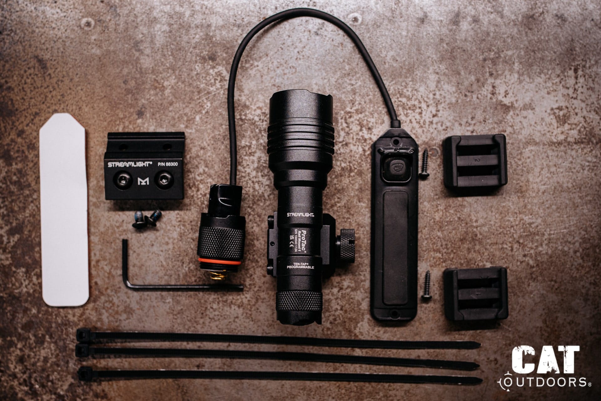 Everything in the Streamlight ProTac Rail Mount 1 box: light, both mounts, tapeswitch, adhesive, zip ties, and allen key