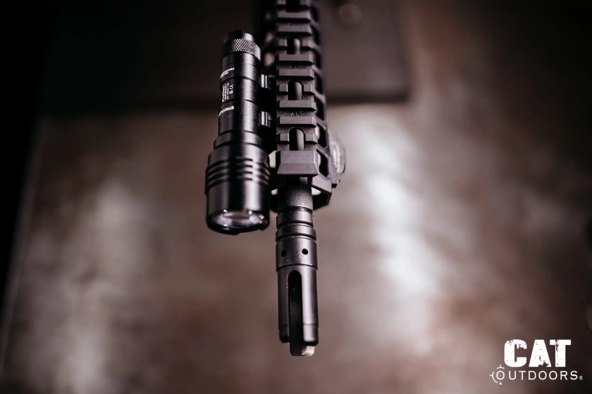 Top-down view of the ProTac Rail Mount 1 beside the muzzle on the bench