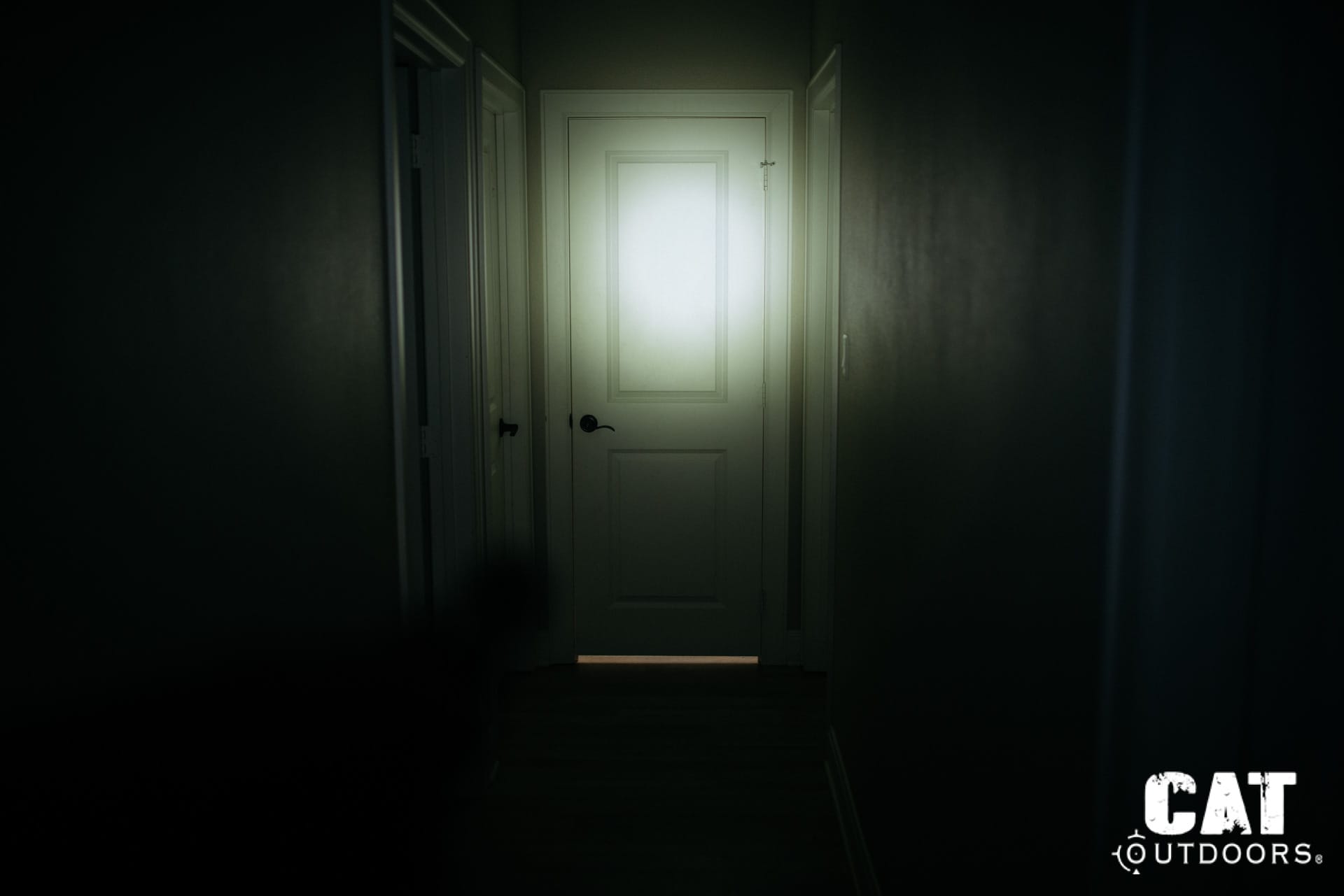 Beam from the ProTac Rail Mount 1 down a dark hallway during low-light testing