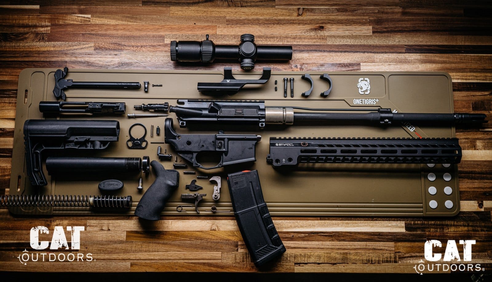Every part of an AR-15 laid out in an exploded view.