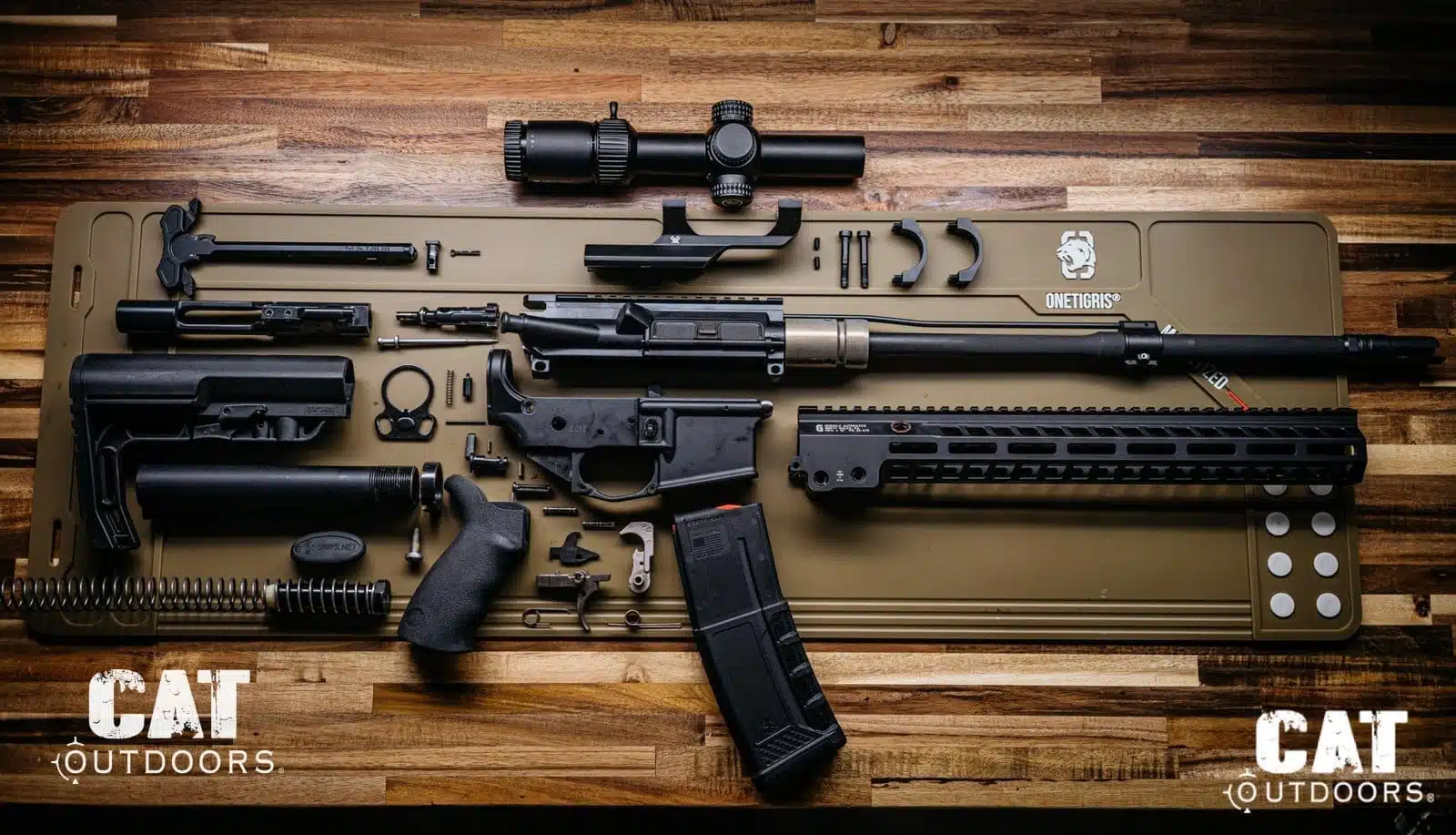Every part of an AR-15 laid out in an exploded view.