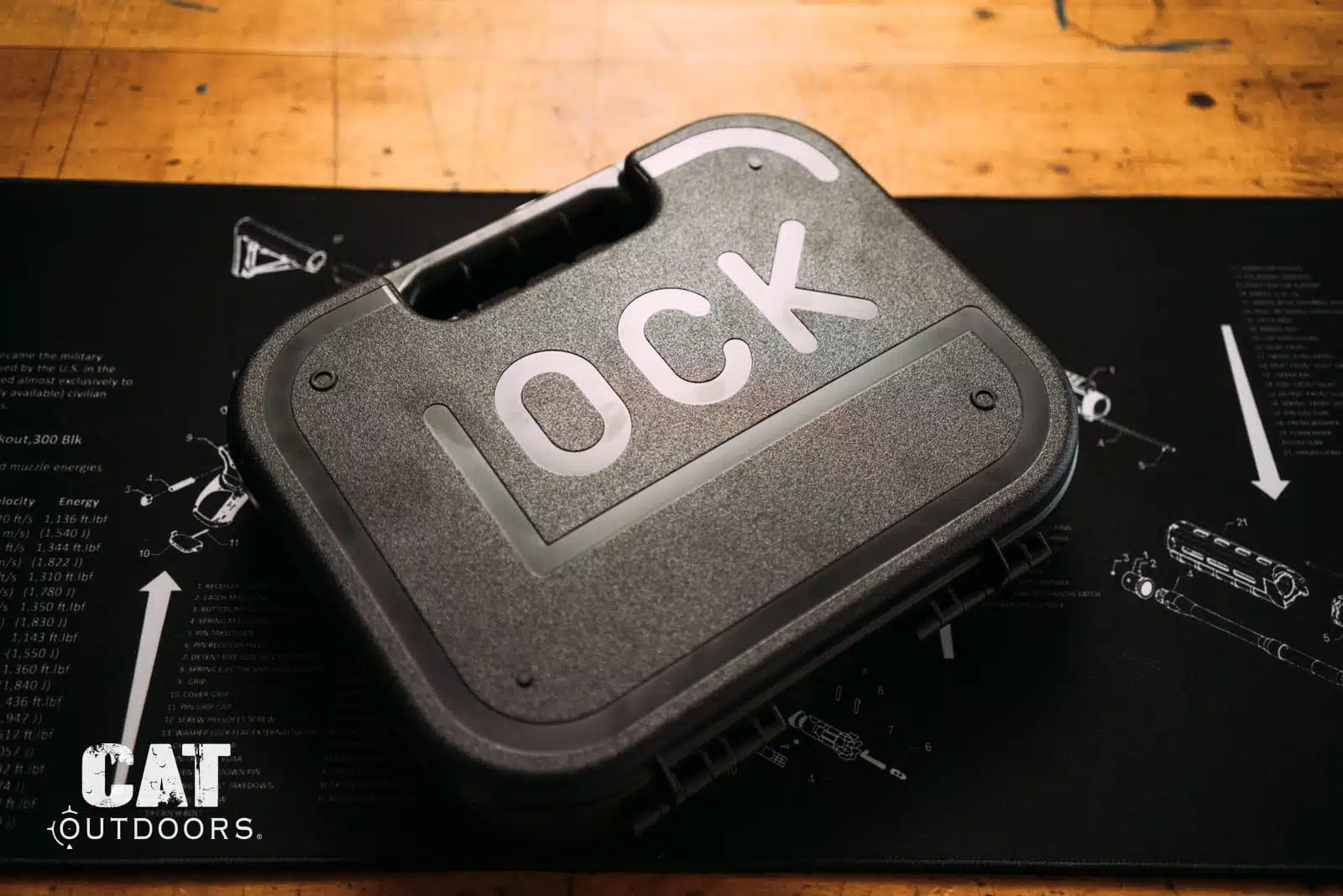Glock pistol case on a gun bench