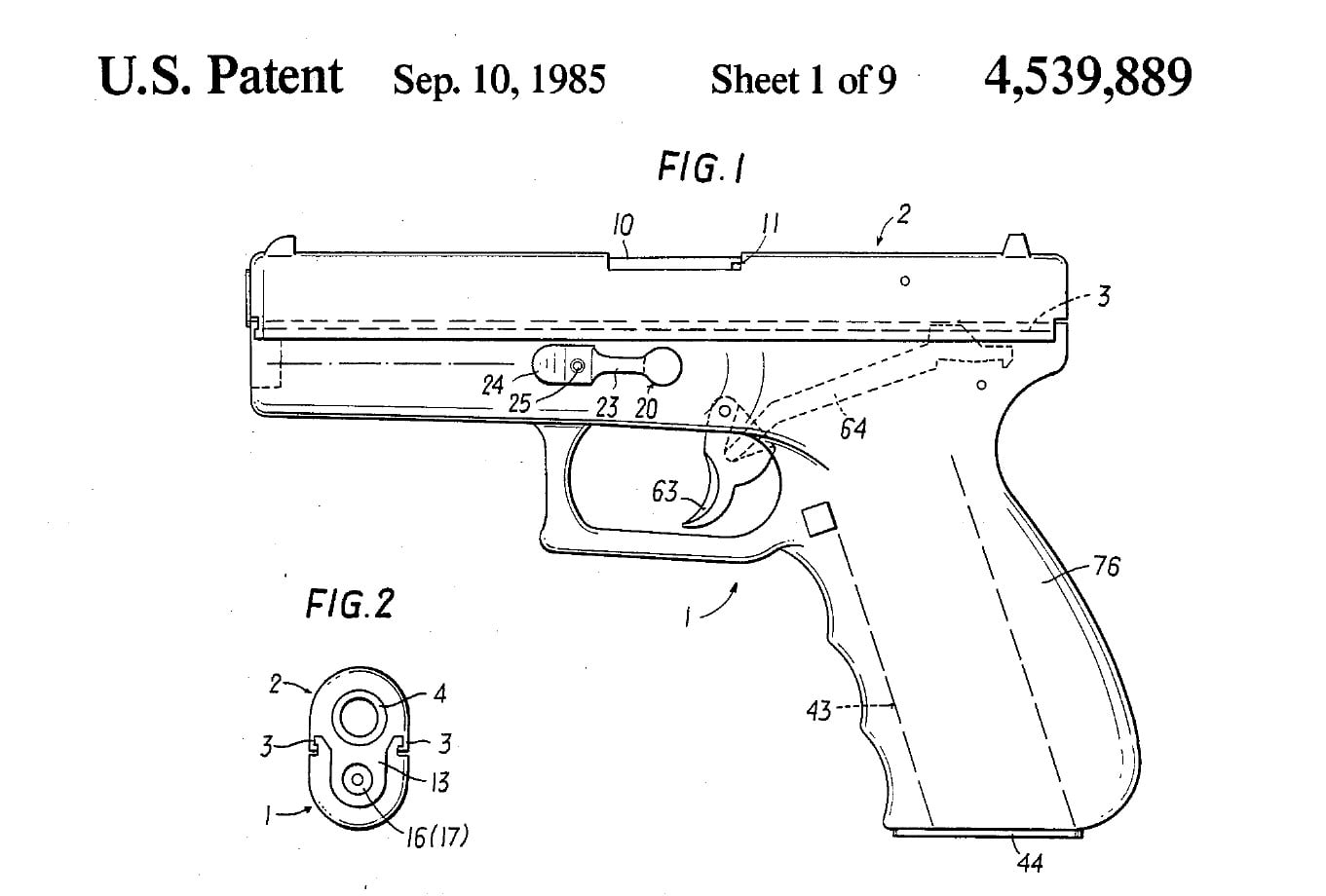 FIG. 1 of Gaston Glock’s 1982-filed U.S. Patent 4,539,889 showing the pistol and trigger bar