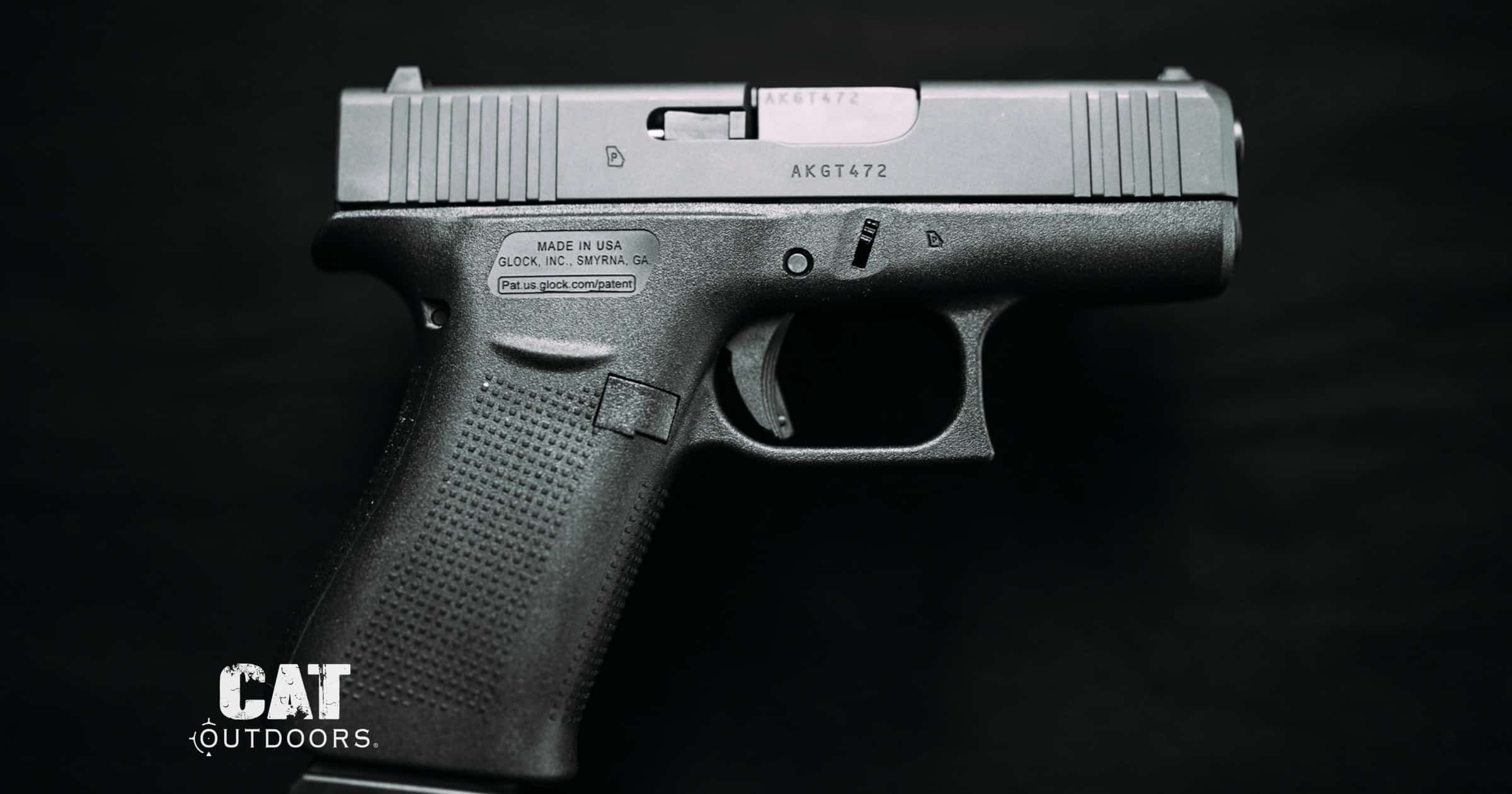 Glock 43X pistol side profile on a black background