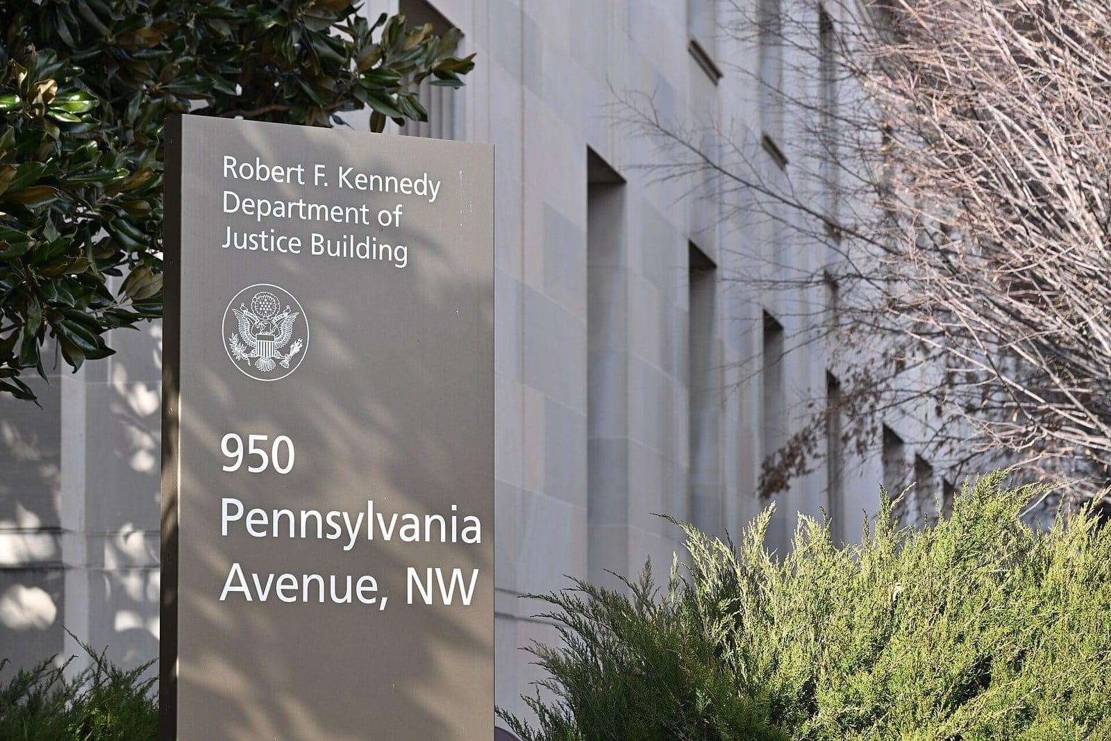Sign outside the Robert F. Kennedy Department of Justice Building in Washington