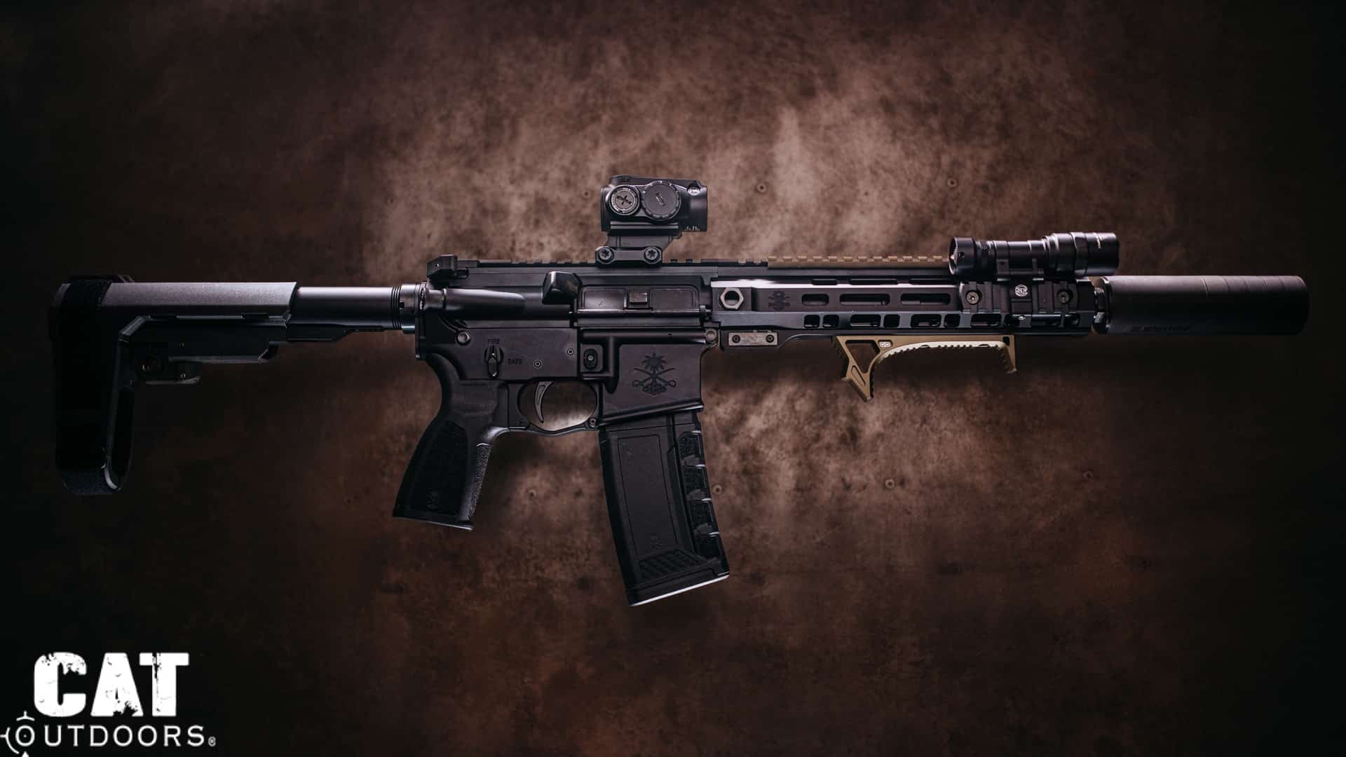 Suppressed 300 Blackout large-format pistol build on a dark background