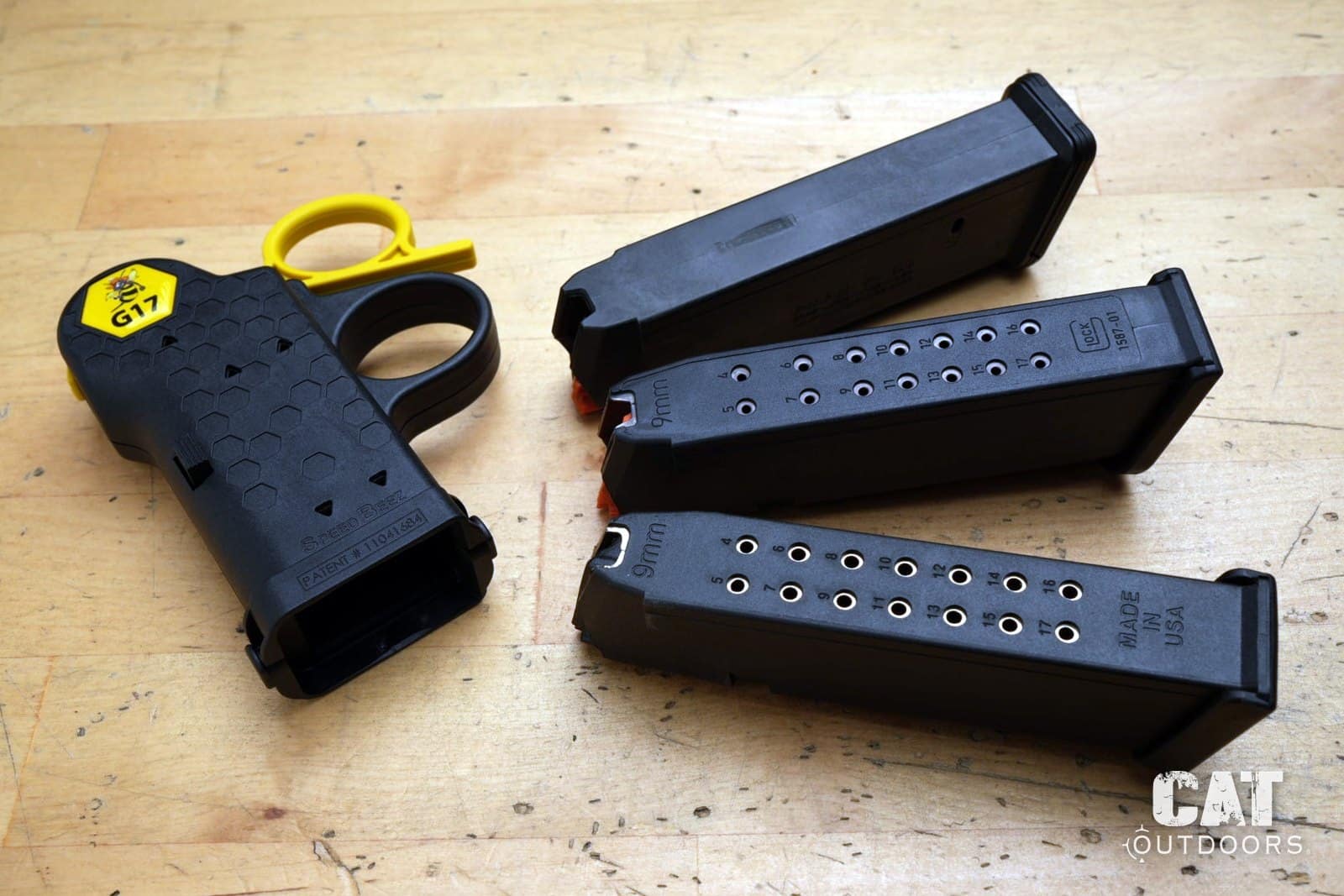 Speed Beez loader laid out with the Glock and Magpul magazines we tested