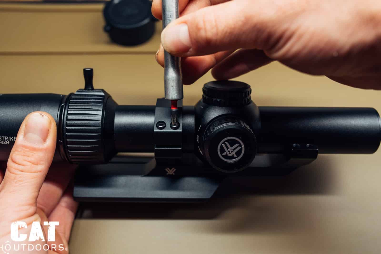 Torquing the Vortex Sport Cantilever mount ring screws with the scope in place