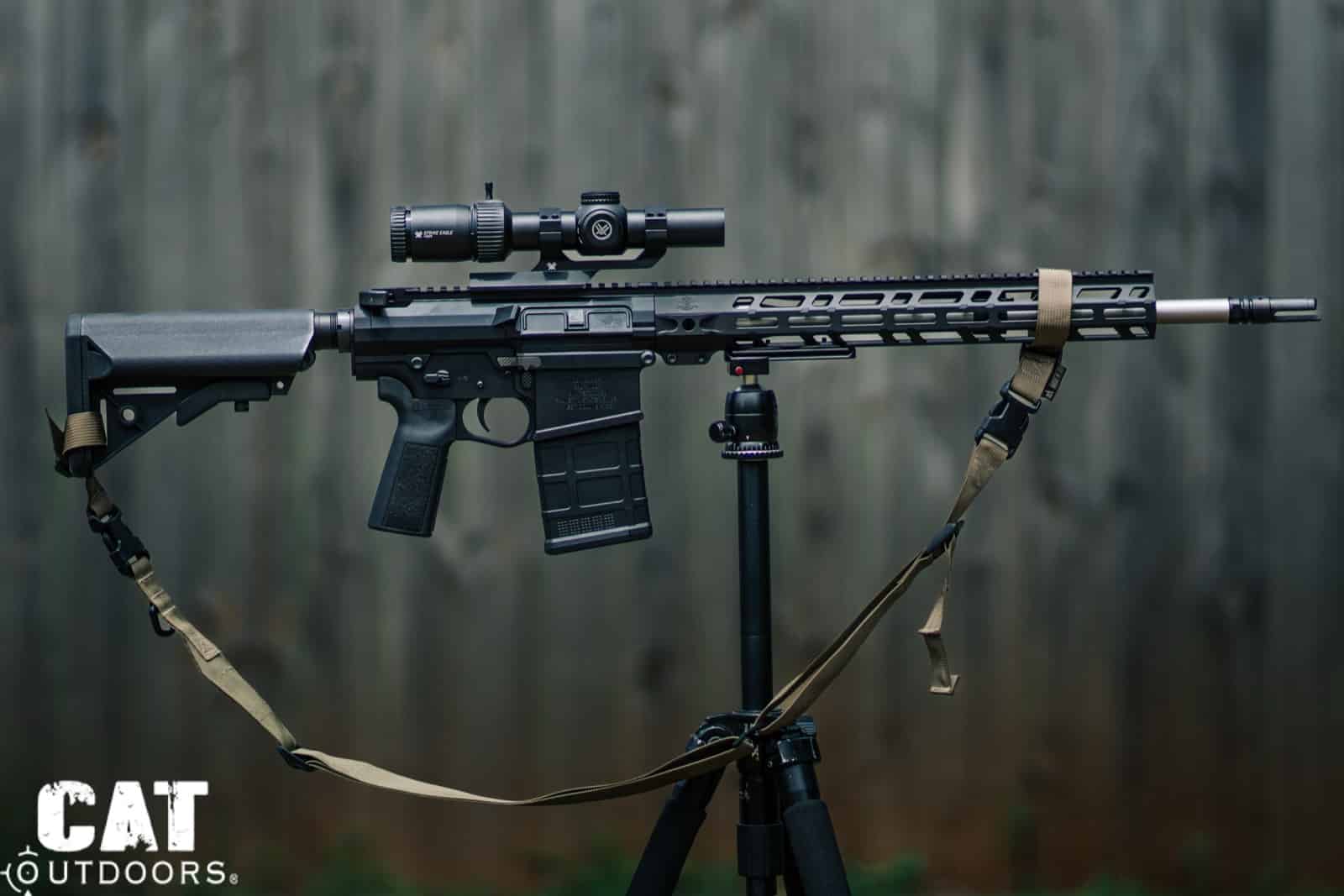 PSA Sabre-10 with the Vortex Strike Eagle 1-8x24 mounted, on a tripod