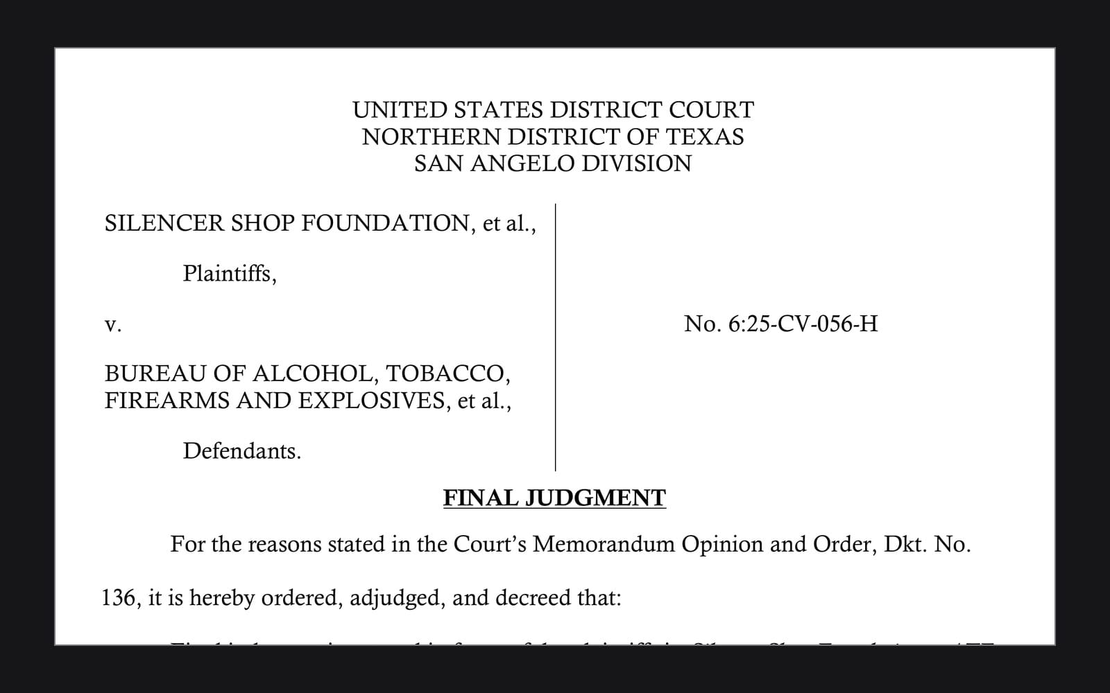 Page one of the final judgment in Silencer Shop Foundation v. ATF