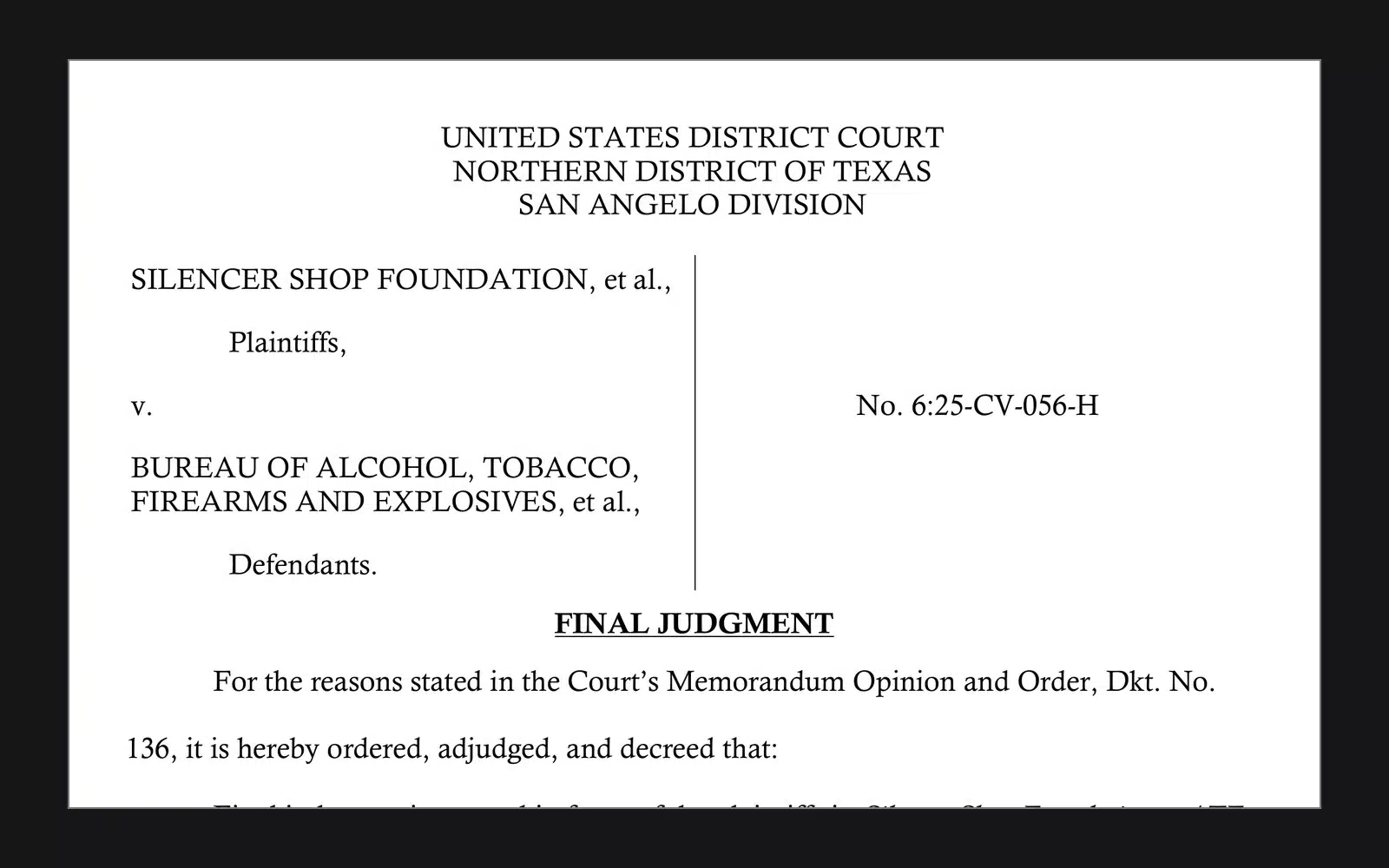 Page one of the final judgment in Silencer Shop Foundation v. ATF