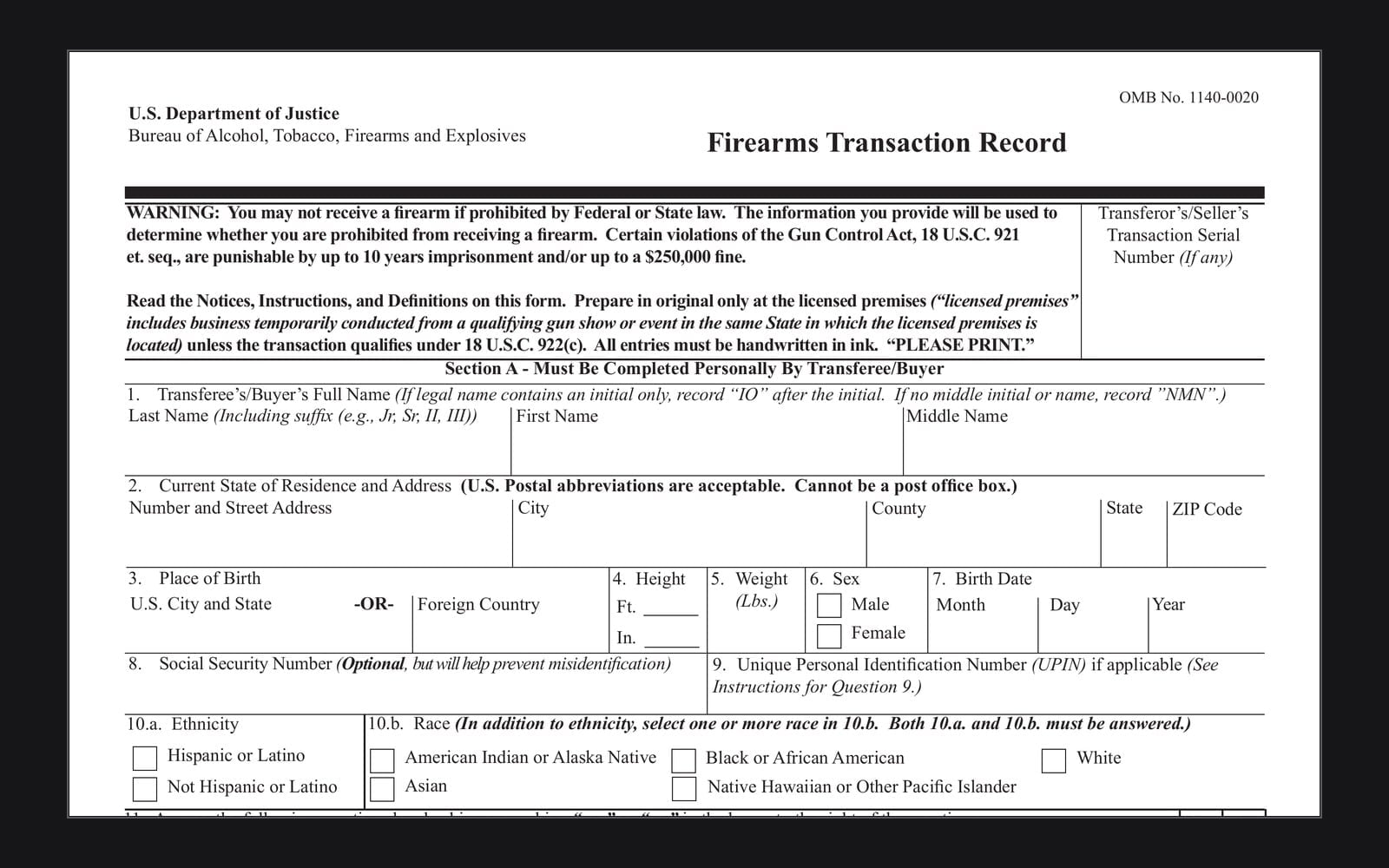 Section A of ATF Form 4473, the Firearms Transaction Record, with the buyer name and address fields