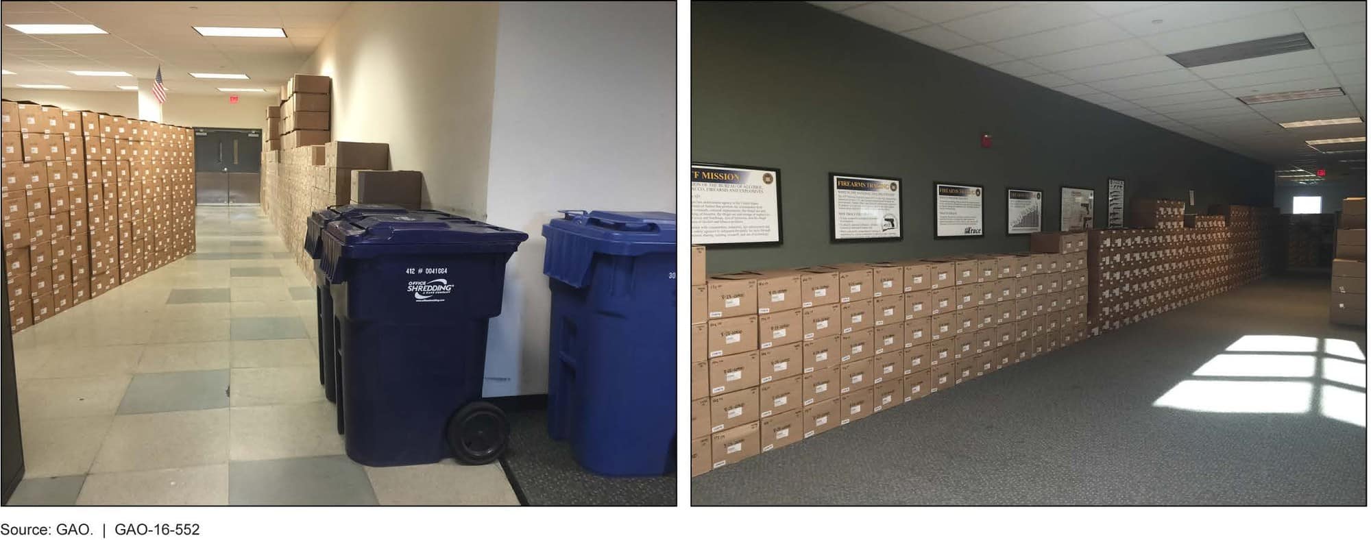 Boxes of out-of-business dealer records lining the halls of the ATF National Tracing Center in Martinsburg, West Virginia