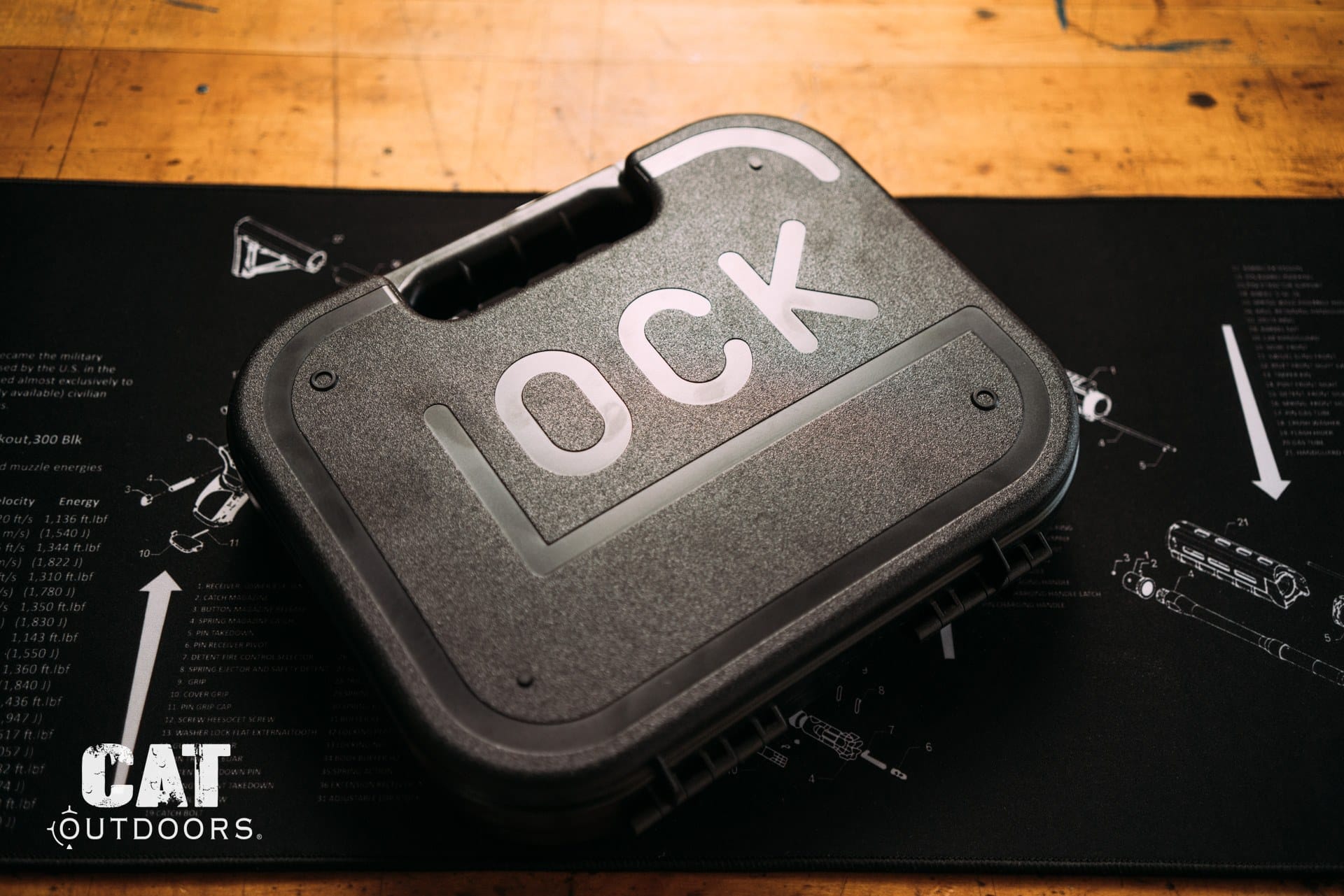 A factory pistol case on a workbench mat