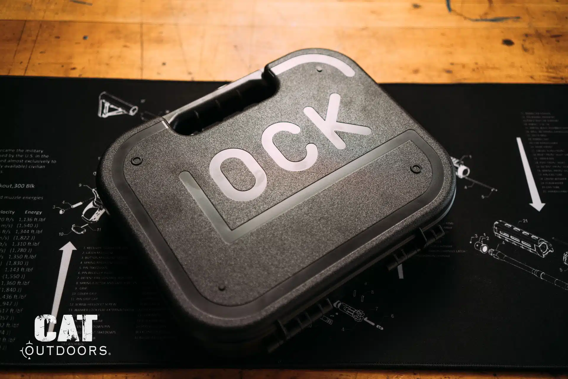 A factory pistol case on a workbench mat