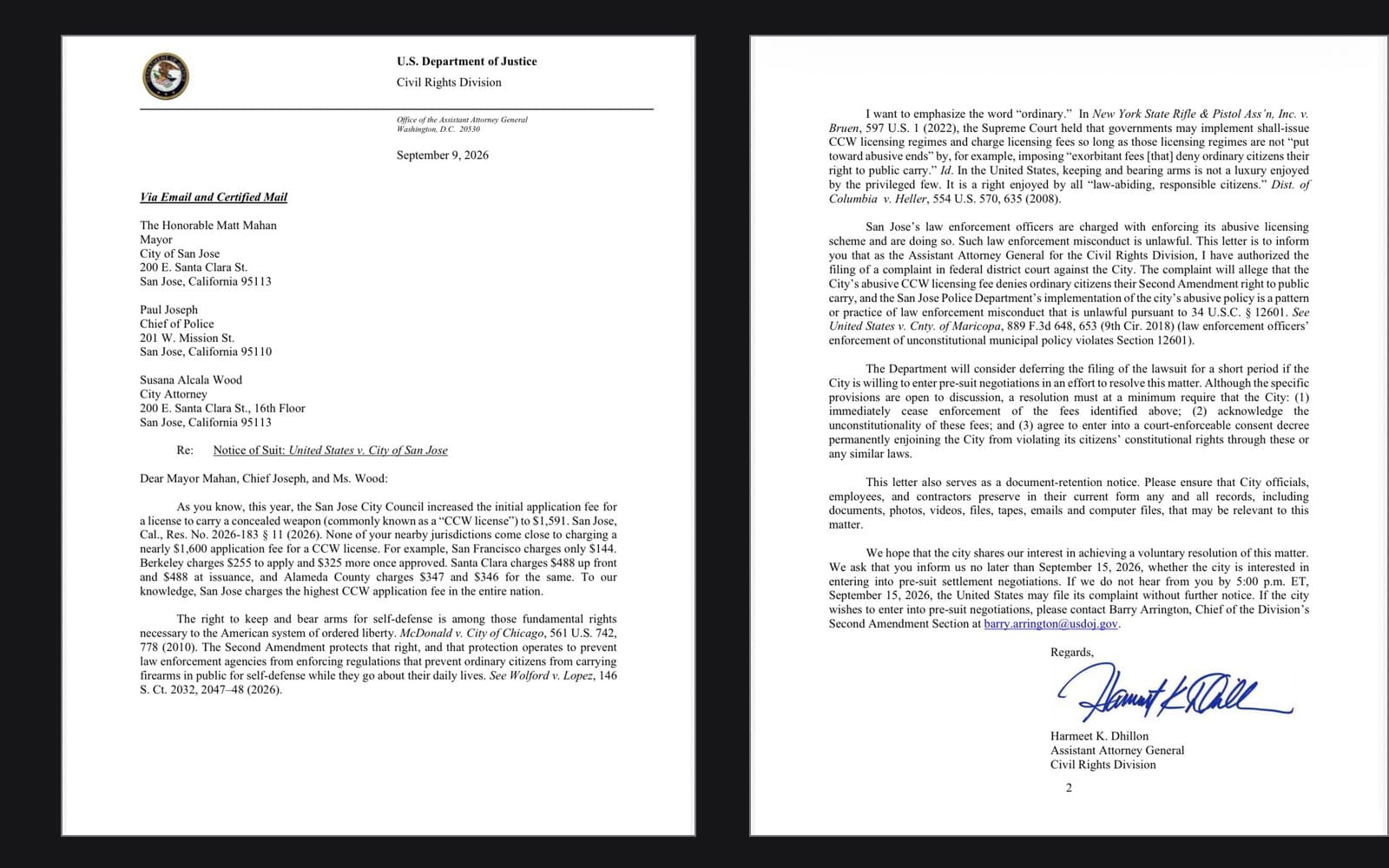 DOJ notice-of-suit letter to San Jose over its $1,591 CCW application fee, September 9, 2026