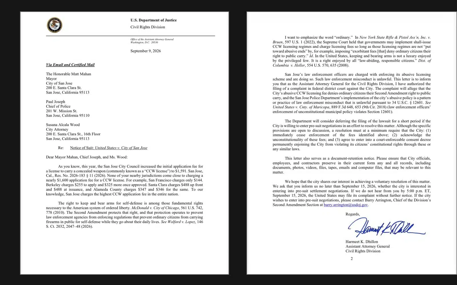 DOJ notice-of-suit letter to San Jose over its $1,591 CCW application fee, September 9, 2026