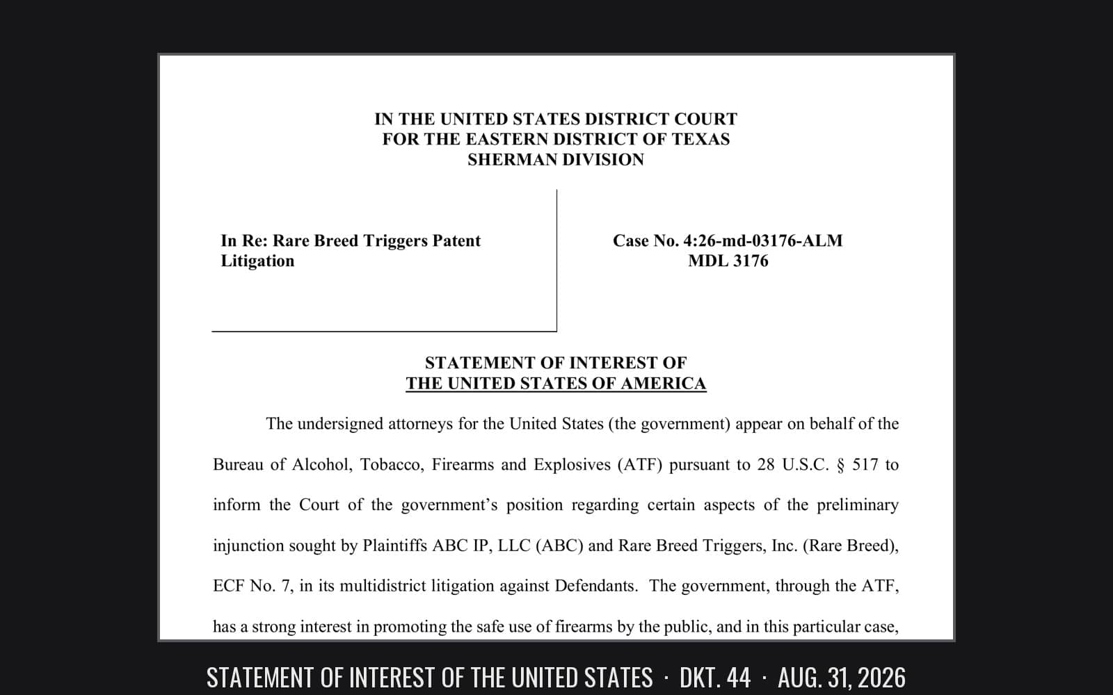 Page one of the DOJ Statement of Interest in the Rare Breed Triggers patent MDL