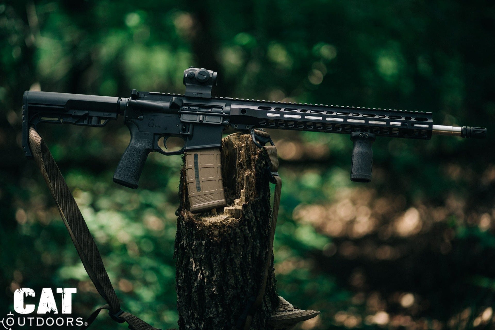AR-15 rifle resting on a tree stump with the safety selector and trigger visible
