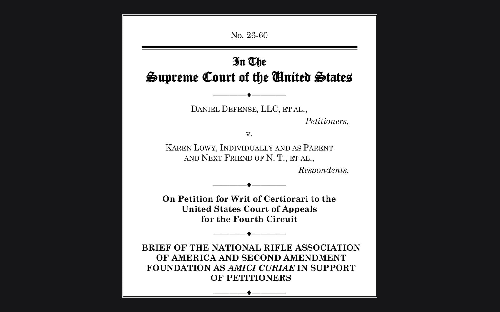 First page of the NRA and SAF amicus brief in Daniel Defense v. Lowy, No. 26-60