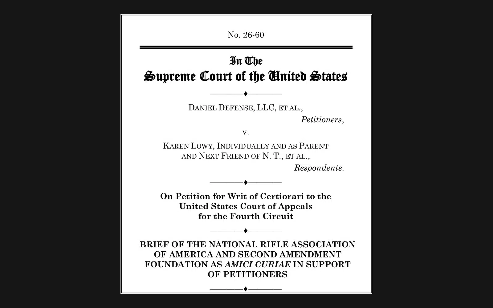 First page of the NRA and SAF amicus brief in Daniel Defense v. Lowy, No. 26-60