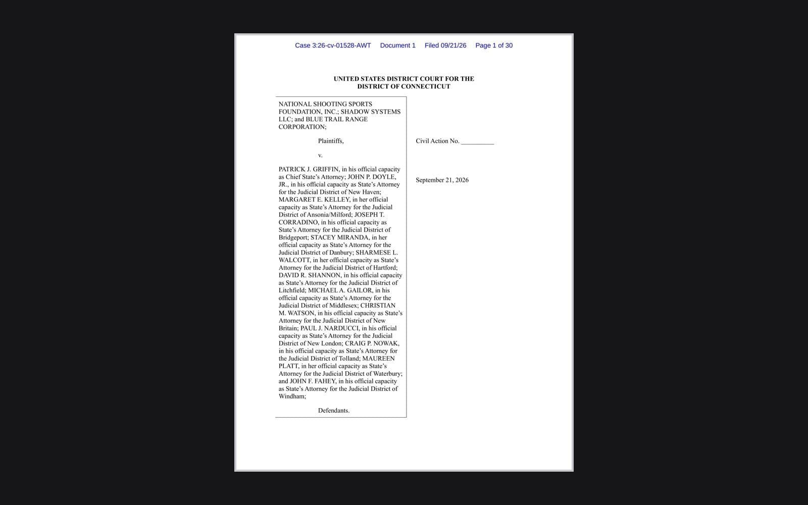 Page one of the NSSF v. Griffin complaint filed in the District of Connecticut