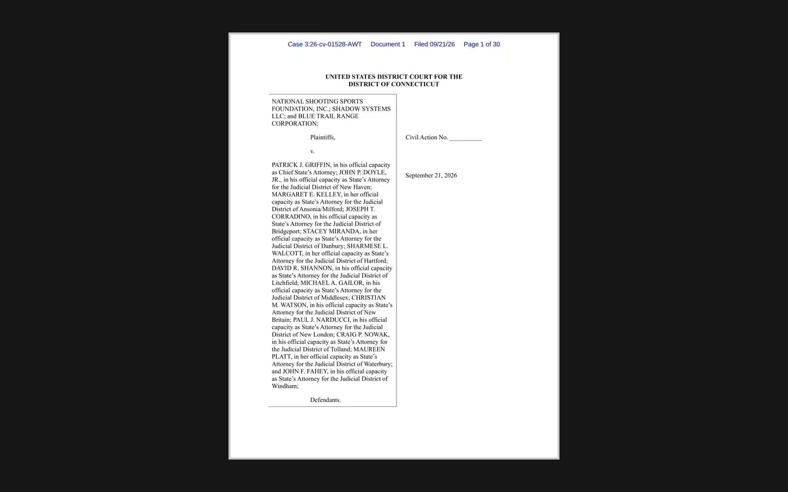 Page one of the NSSF v. Griffin complaint filed in the District of Connecticut