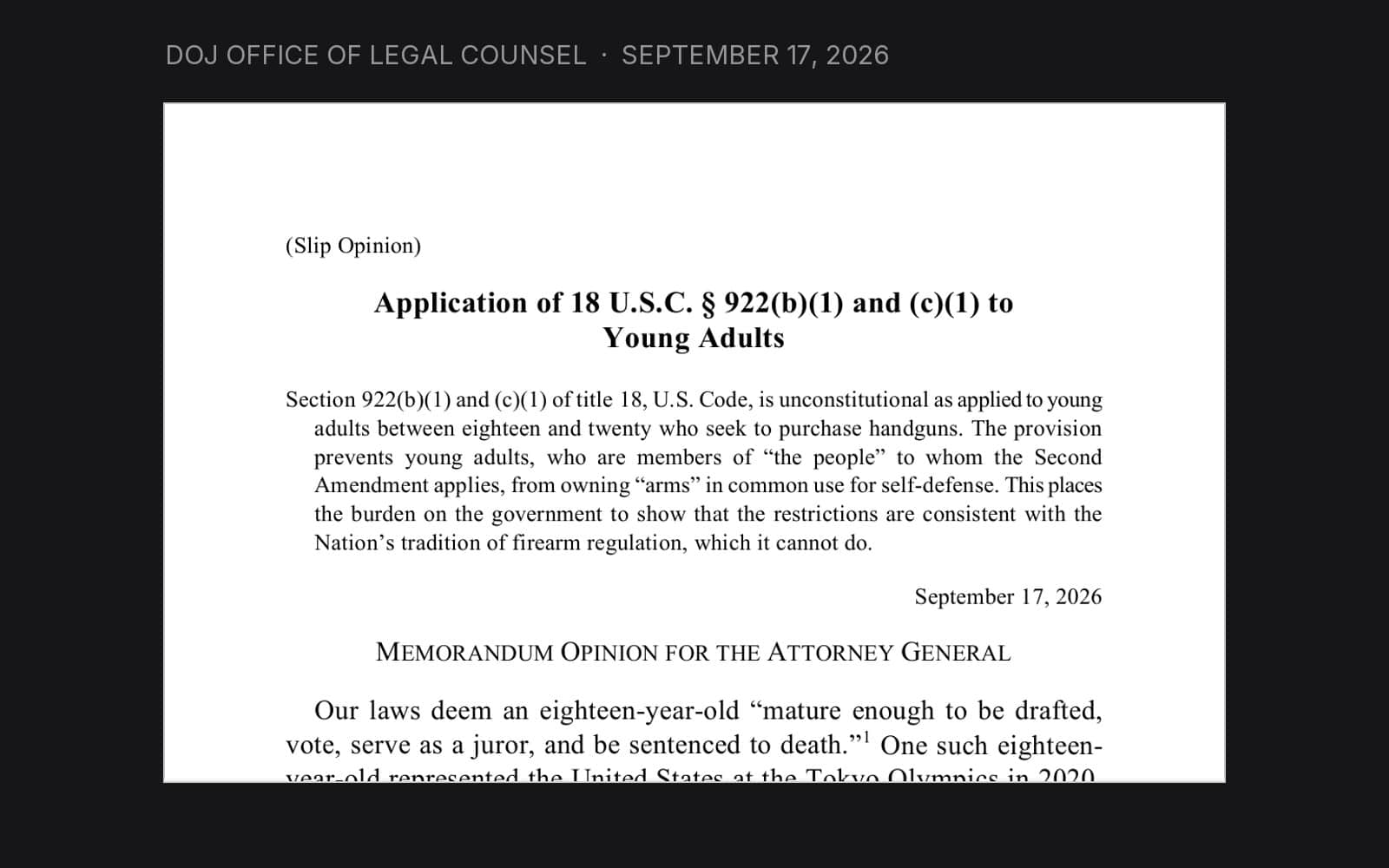 First page of the DOJ Office of Legal Counsel opinion on handgun sales to young adults