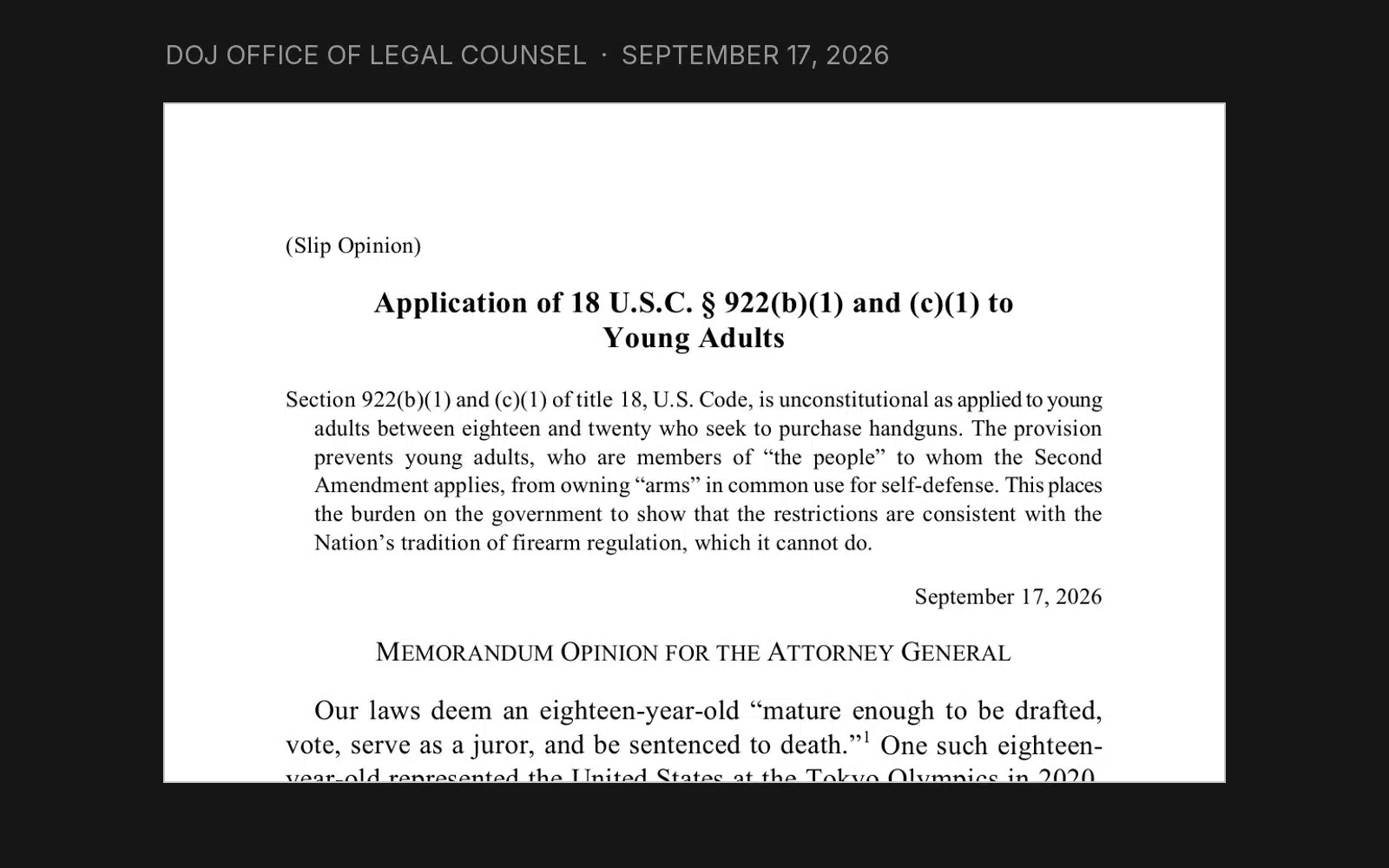 First page of the DOJ Office of Legal Counsel opinion on handgun sales to young adults