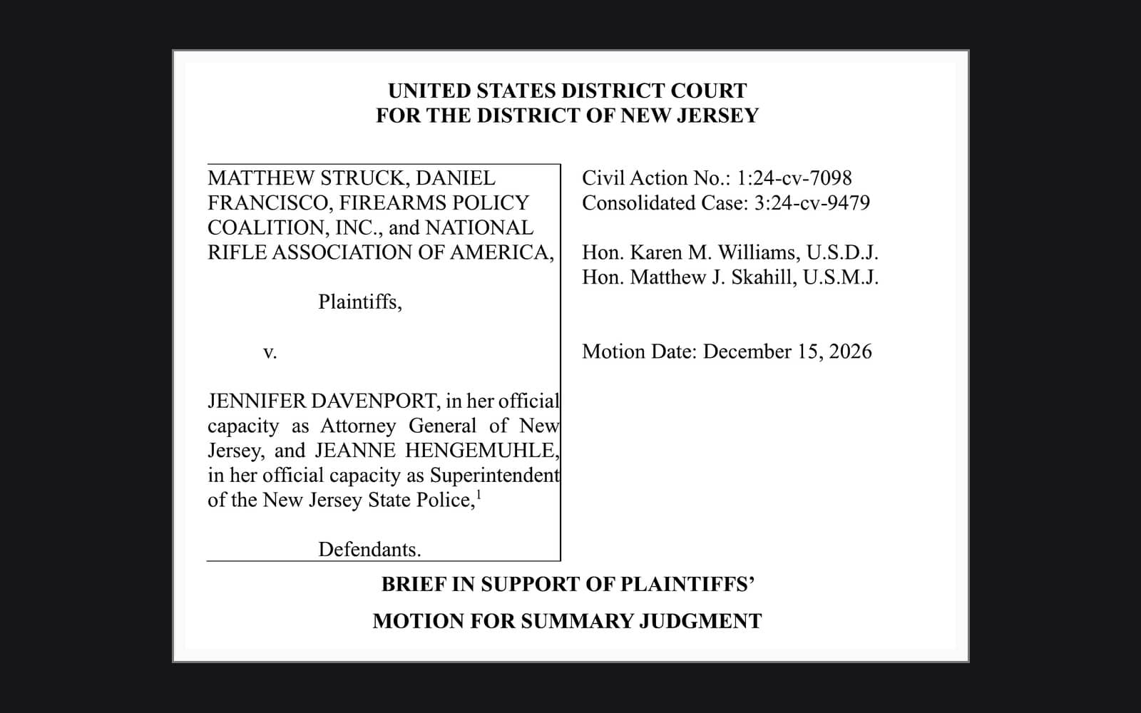 First page of the plaintiffs' summary judgment brief in Struck v. Davenport