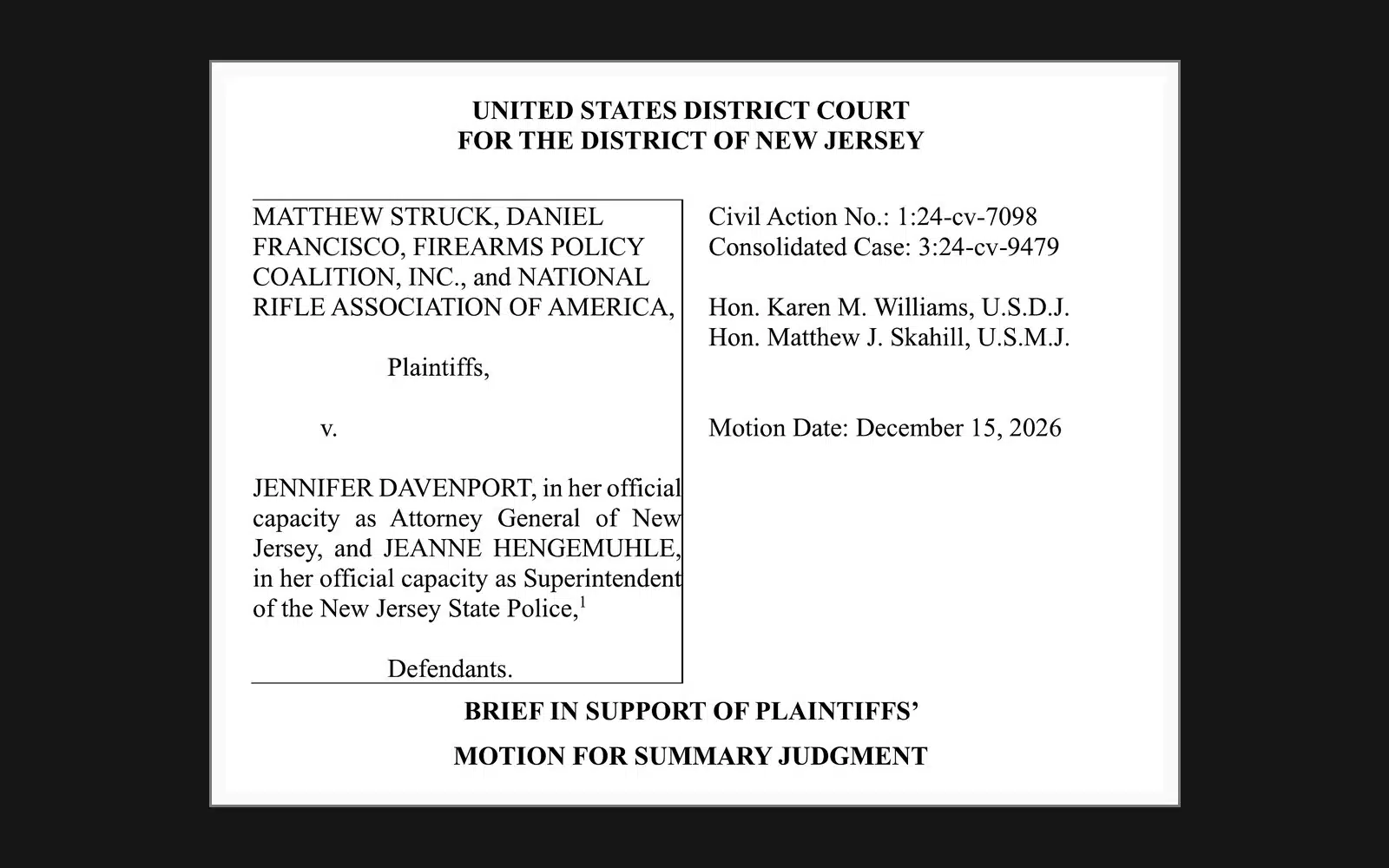 First page of the plaintiffs' summary judgment brief in Struck v. Davenport