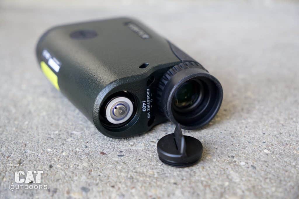Crossfire HD 1400 with the battery cap unscrewed and the CR2 battery compartment open