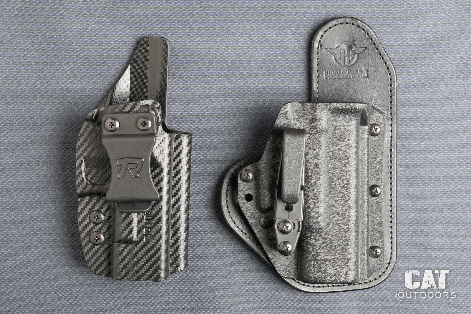 Rounded by Concealment Express Kydex holster next to the Hidden Hybrid, Kydex sides up