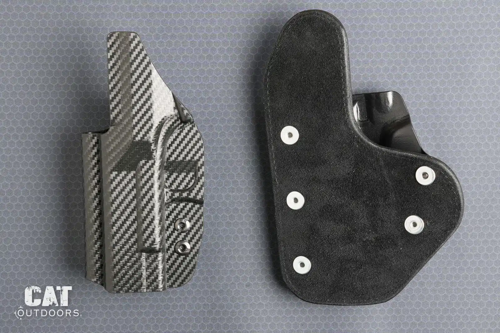 Backs of the Rounded Gear holster and the Hidden Hybrid holster, Kydex sweat guard next to leather