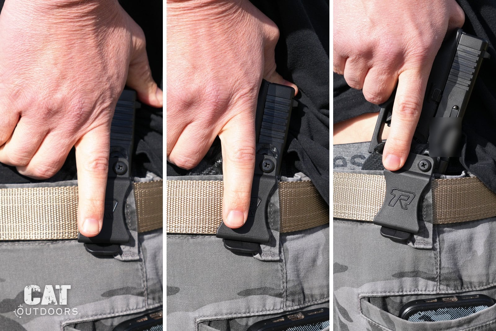 Three steps of a draw from the Rounded Gear holster at 5 o'clock: reaching under the shirt, gripping, and the gun clearing the holster