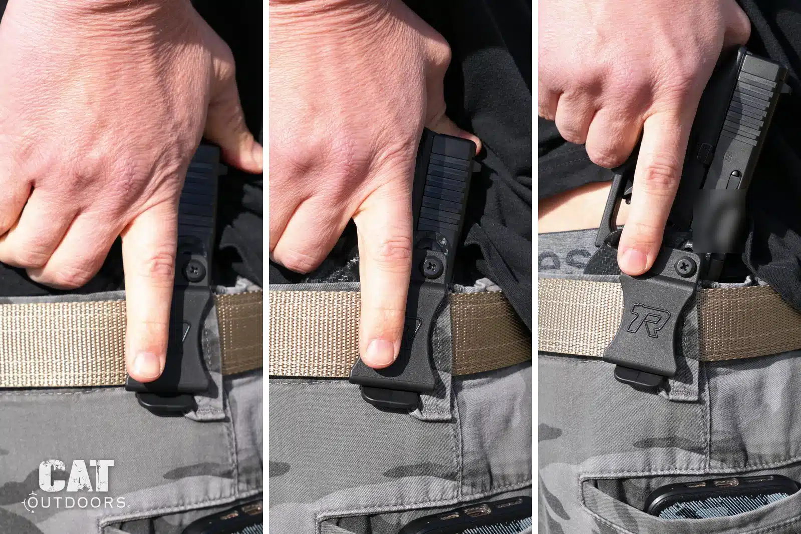 Three steps of a draw from the Rounded Gear holster at 5 o'clock: reaching under the shirt, gripping, and the gun clearing the holster
