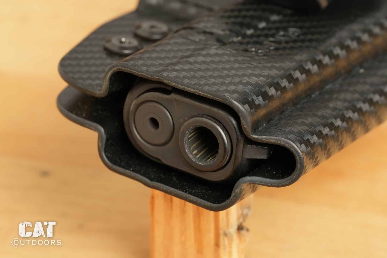 Looking into the open muzzle end of the Rounded Gear Glock 19 holster
