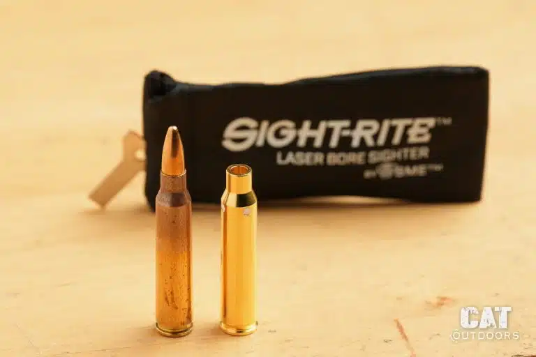 Sight-Rite laser bore sighter review: the brass .223 laser next to a live round and its pouch