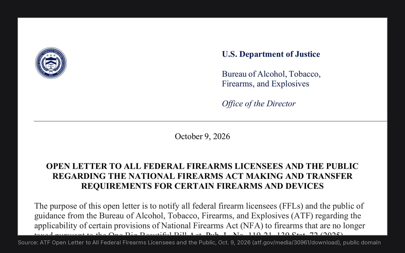 First page of the ATF Open Letter of October 9, 2026 on National Firearms Act making and transfer requirements