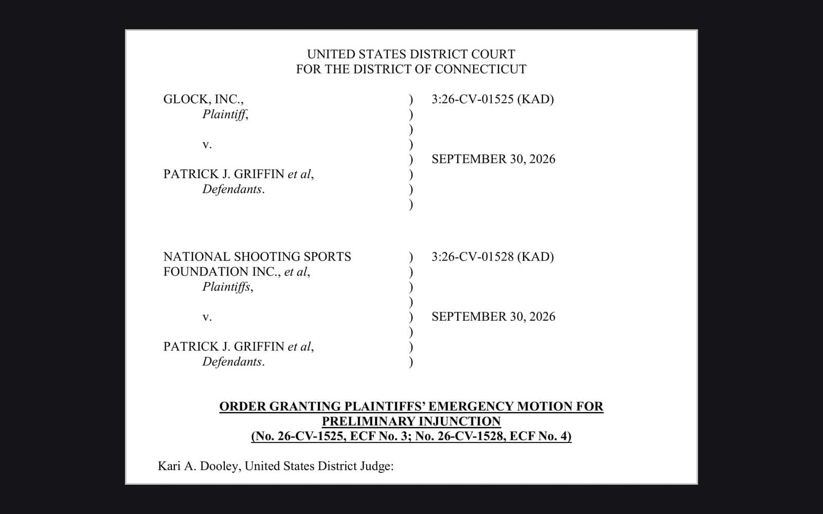 First page of the federal court order granting a preliminary injunction against Connecticut's convertible pistol ban