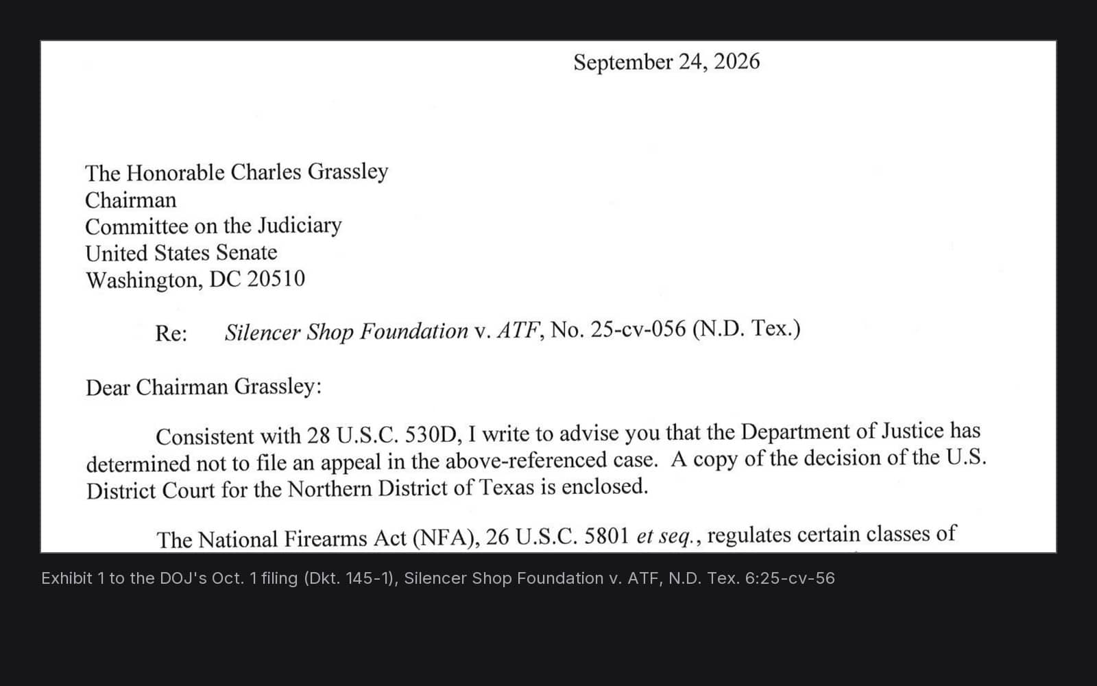 Solicitor General D. John Sauer's September 24, 2026 letter to Sen. Chuck Grassley saying the Justice Department will not appeal Silencer Shop Foundation v. ATF