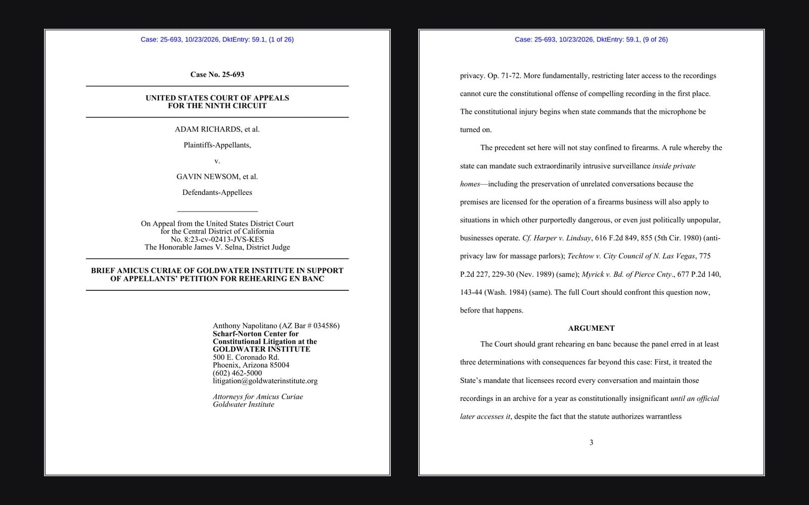 Cover and introduction pages of the Goldwater Institute amicus brief supporting rehearing en banc in Richards v. Newsom