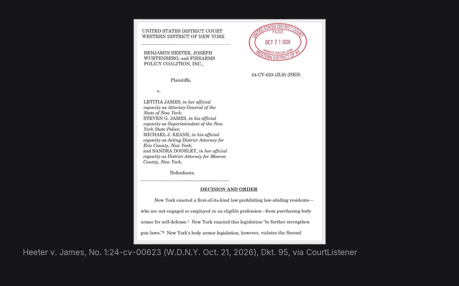 First page of the Heeter v. James decision and order striking down New York's body armor ban