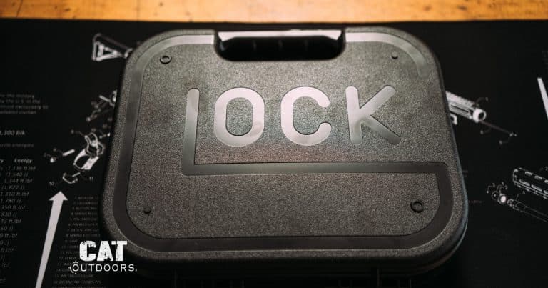 Closed Glock pistol case on a workbench