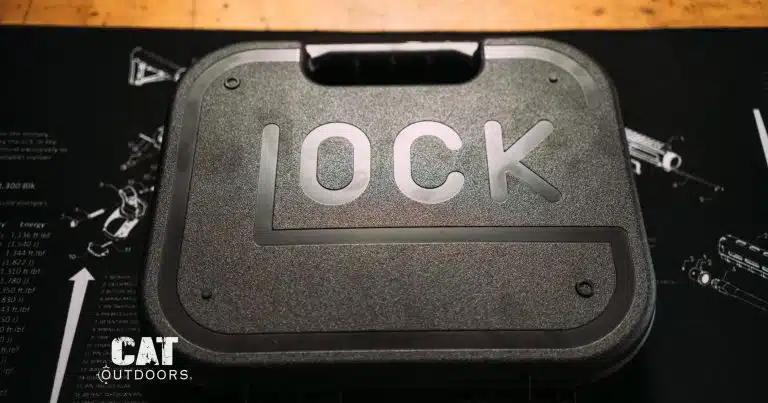 Closed Glock pistol case on a workbench