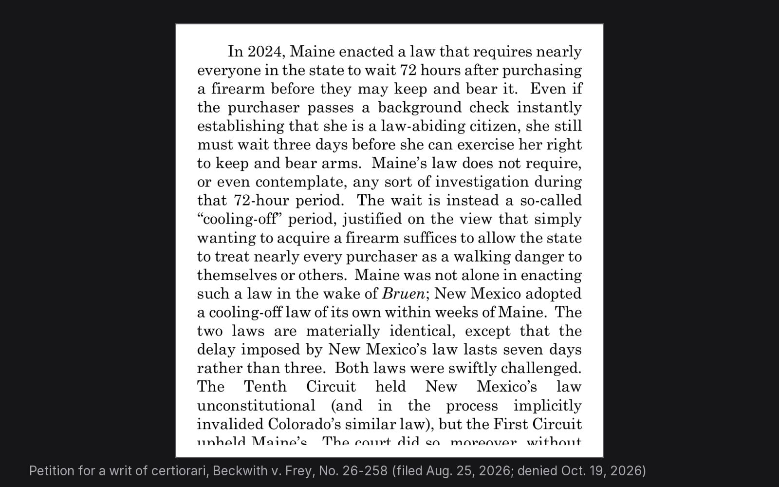 Question Presented page of the certiorari petition in Beckwith v. Frey, No. 26-258