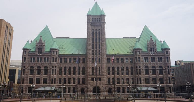 Minneapolis City Hall, the granite clock-tower building that houses the city's police headquarters