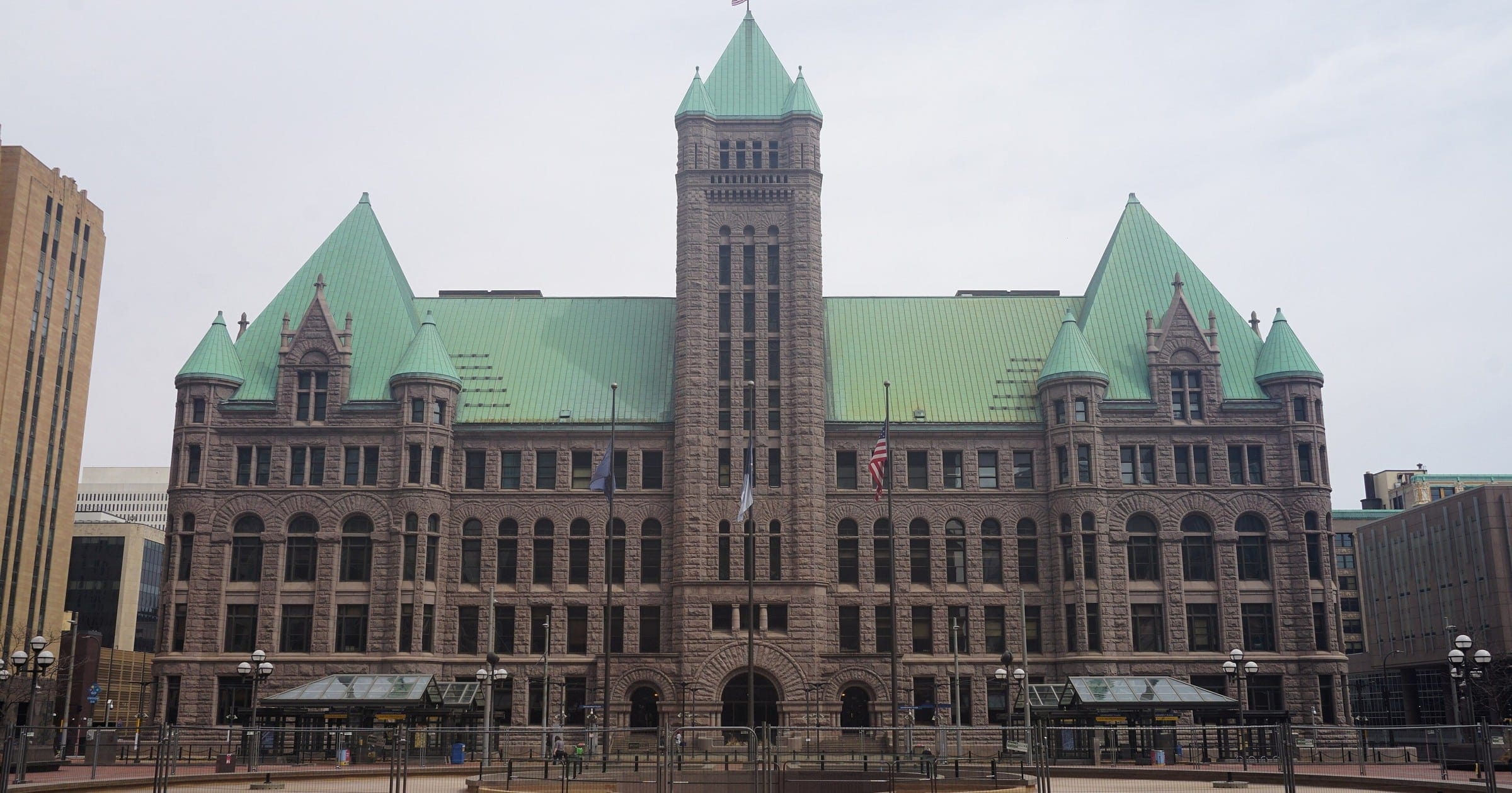 Minneapolis City Hall, the granite clock-tower building that houses the city's police headquarters